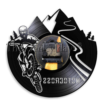 Wanduhr aus Schallplatte mit Motorrad-Motiv