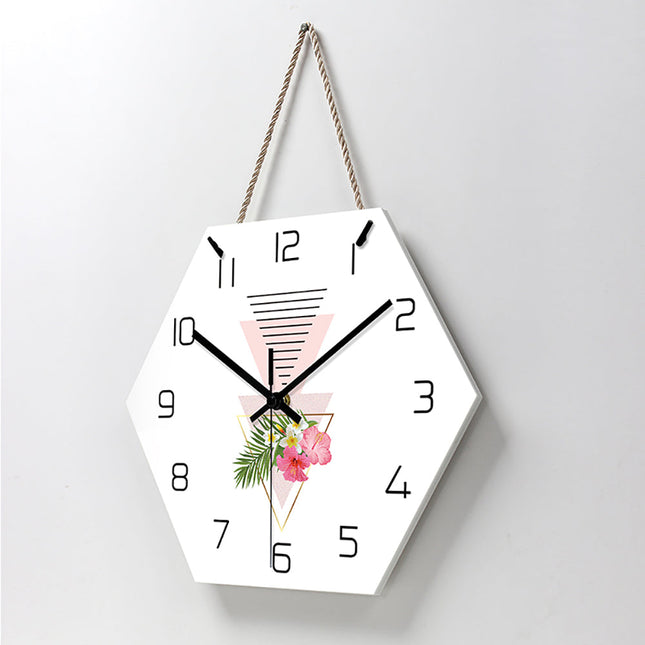 Geometrische Wanduhr Holz mit Blumen