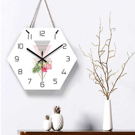 Geometrische Wanduhr Holz mit Blumen