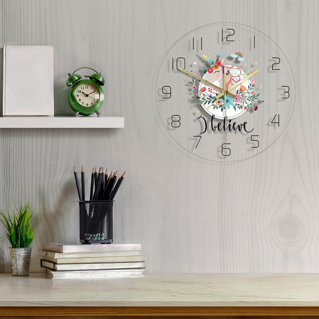 Kinderzimmer-Wanduhr Einhorn mit Blumen