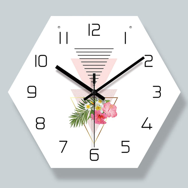 Geometrische Wanduhr Holz mit Blumen