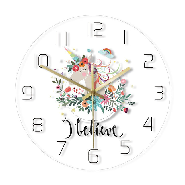 Kinderzimmer-Wanduhr Einhorn mit Blumen