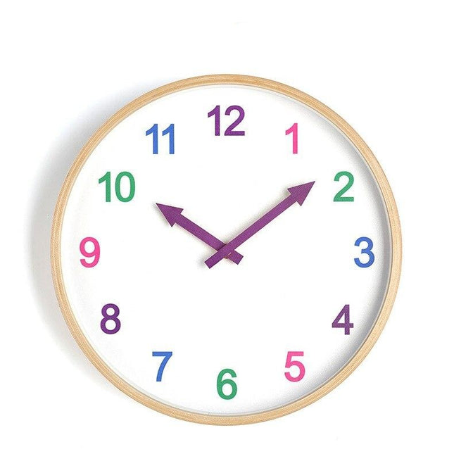 Lernuhr Holz mit bunten Zahlen