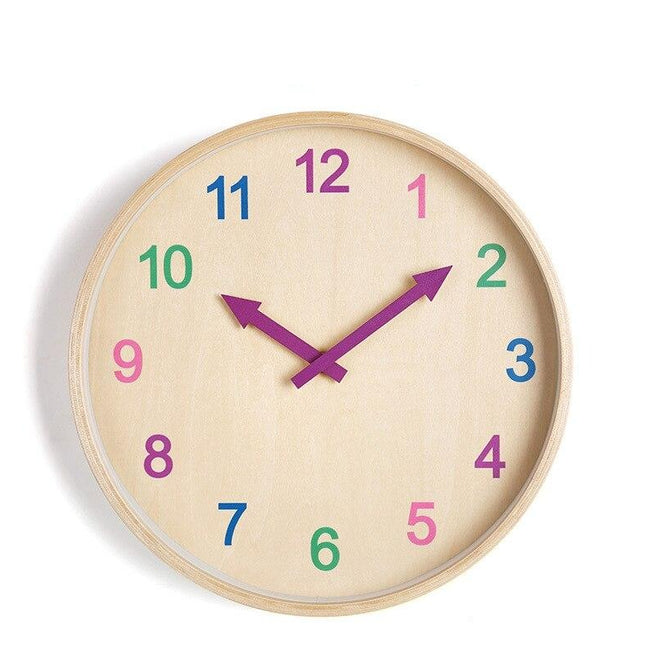 Lernuhr Holz mit bunten Zahlen