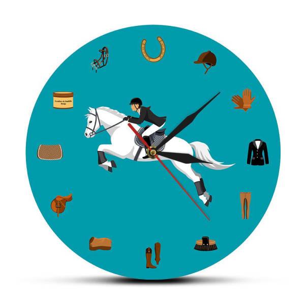 Blaue Wanduhr mit Pferdemotiv Reitsport