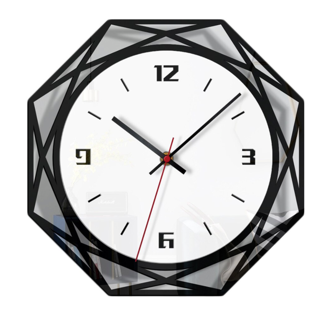 Geometrische Wanduhr schwarz-weiß achteckig