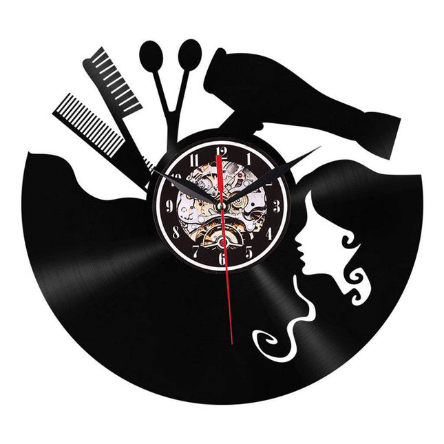 Friseur Schallplattenuhr mit Fön und Schere