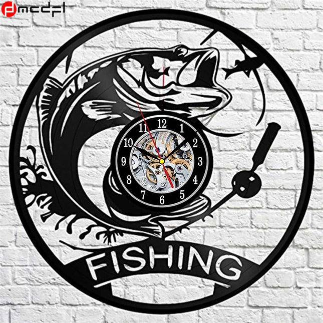 Schallplattenuhr mit Angelmotiv für Angler