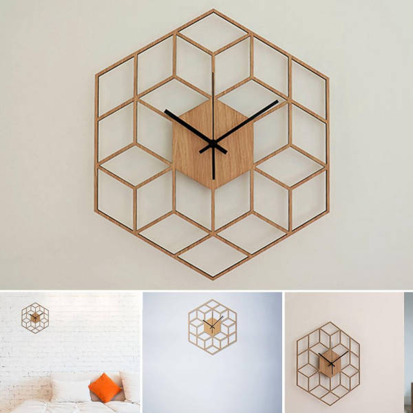 Geometrische Wanduhr Holz Würfel Design