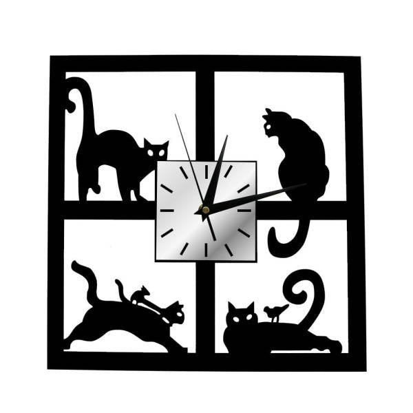 Quadratische Wanduhr mit Katzen-Motiv schwarz