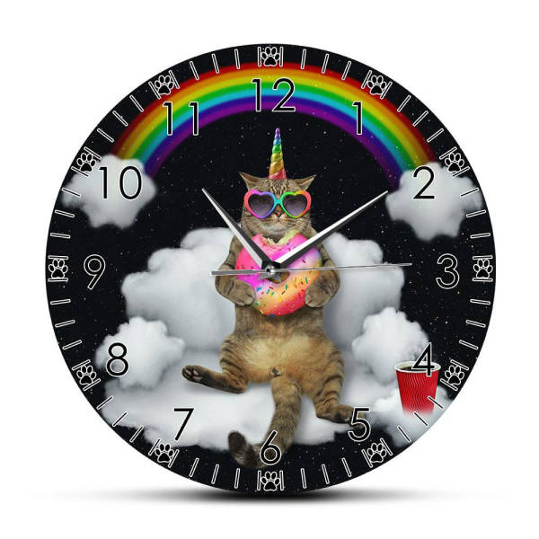 Lustige Wanduhr Einhorn-Katze mit Regenbogen