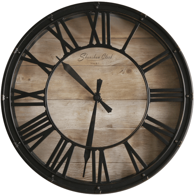 Große Industrie Wanduhr Metall Holzoptik