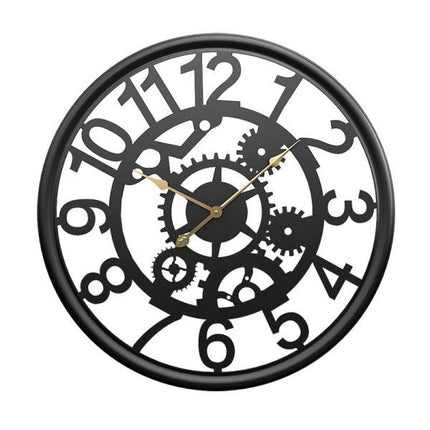 Industrielle Wanduhr mit offenem Uhrwerk