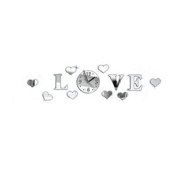 3D Wandtattoo Uhr LOVE Herzen silber