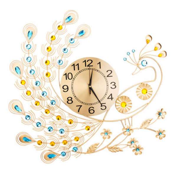 Wanduhr Pfau aus Metall goldfarben