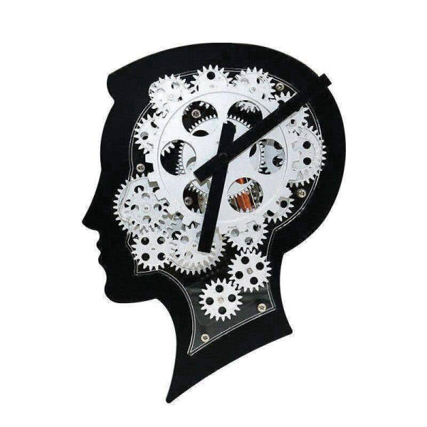 Design Wanduhr Kopf mit Zahnrädern