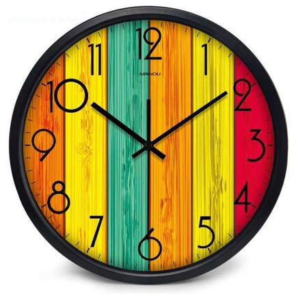 Bunte Wanduhr mit Holzoptik Streifen