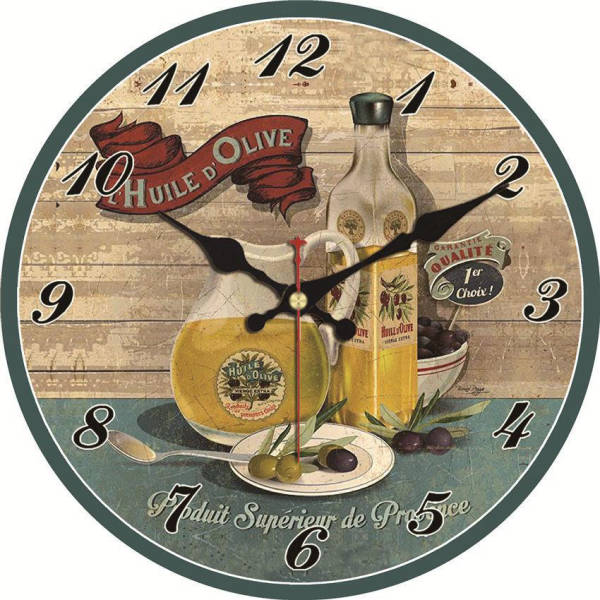 Mediterrane Küchenuhr mit Olivenöl-Motiv