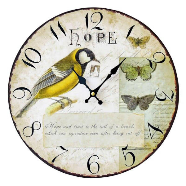 Vintage Wanduhr mit Vogel und Schmetterling