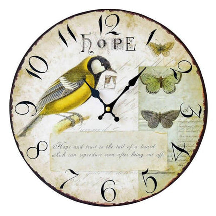 Vintage Wanduhr mit Vogel und Schmetterling