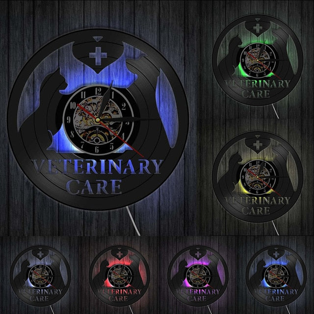 Schallplattenuhr für Tierarztpraxis Katze Hund